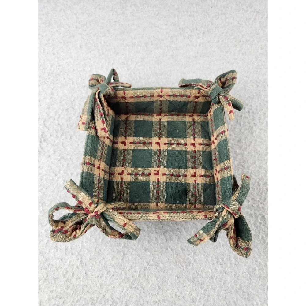 Farmhouse Country Fabric Cloth Bread Basket Side Ties Square Green & Red Plaid